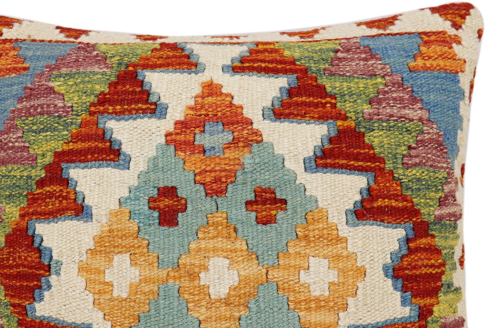 handmade Traditional Pillow Rust Blue Hand-Woven SQUARE 100% WOOL  Hand woven turkish pillow  2 x 2