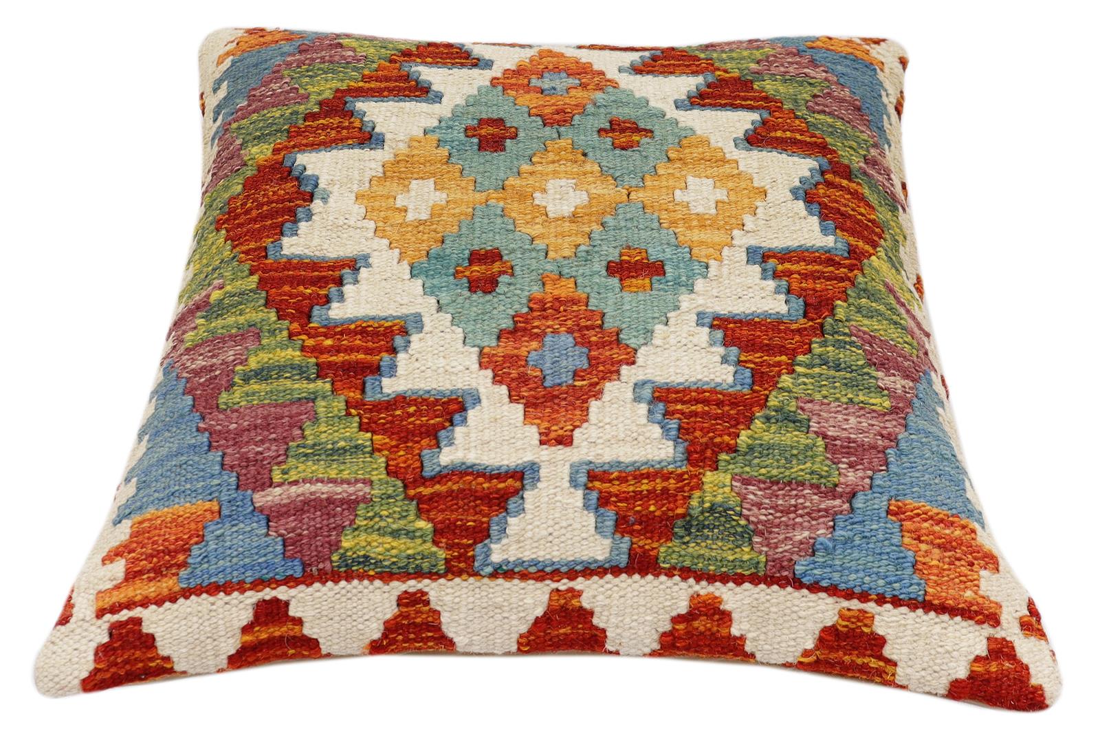 handmade Traditional Pillow Rust Blue Hand-Woven SQUARE 100% WOOL  Hand woven turkish pillow  2 x 2