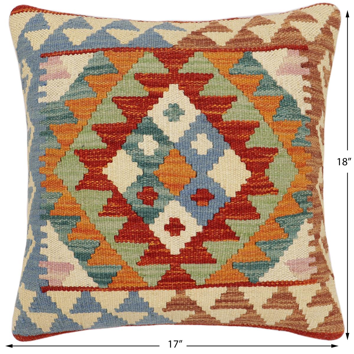 handmade Traditional Pillow Rust Blue Hand-Woven SQUARE 100% WOOL  Hand woven turkish pillow  2 x 2