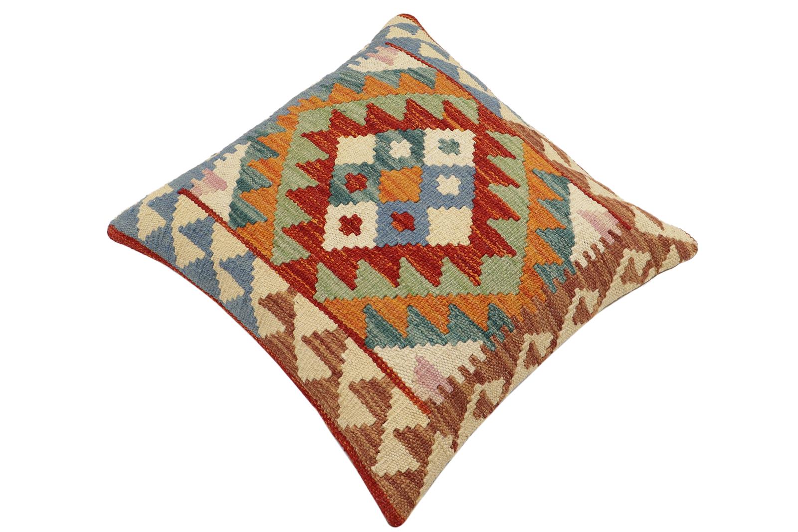 handmade Traditional Pillow Rust Blue Hand-Woven SQUARE 100% WOOL  Hand woven turkish pillow  2 x 2