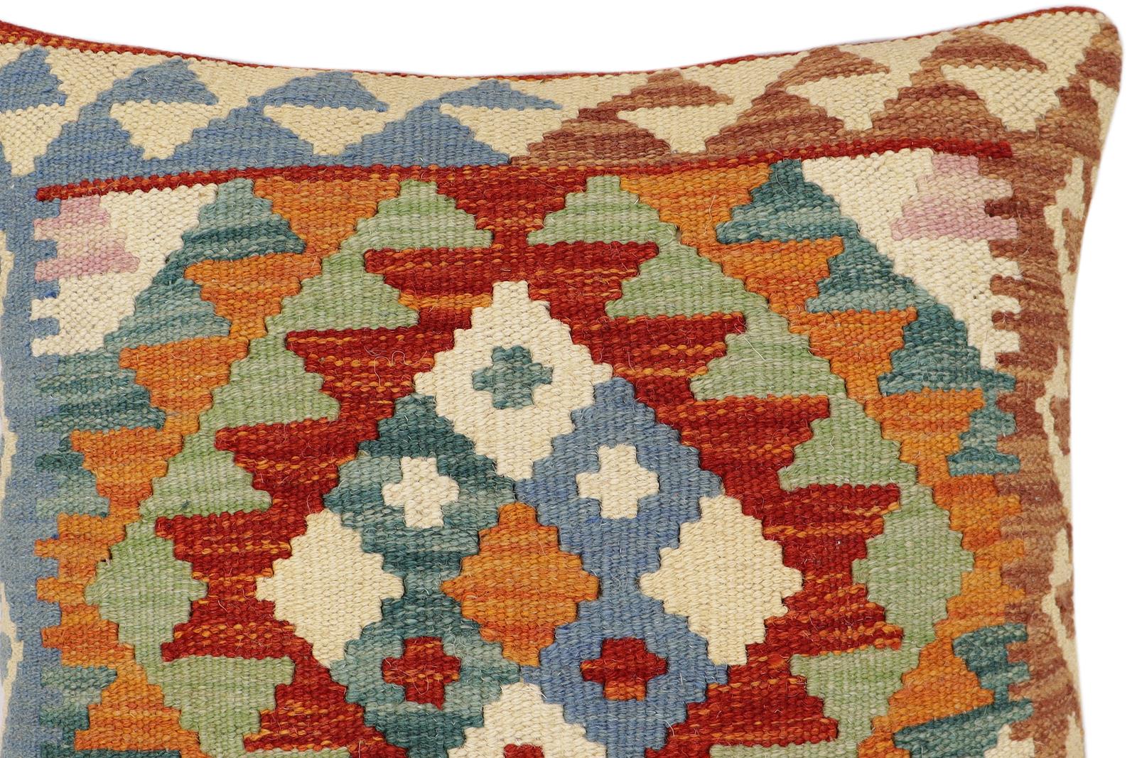 handmade Traditional Pillow Rust Blue Hand-Woven SQUARE 100% WOOL  Hand woven turkish pillow  2 x 2