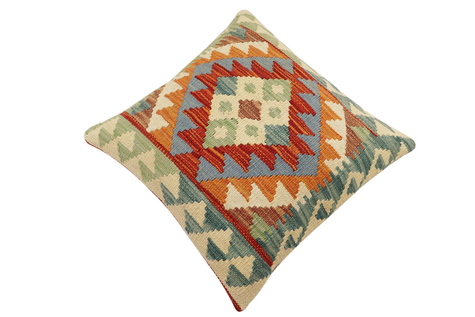 handmade Traditional Pillow Rust Blue Hand-Woven SQUARE 100% WOOL  Hand woven turkish pillow  2 x 2