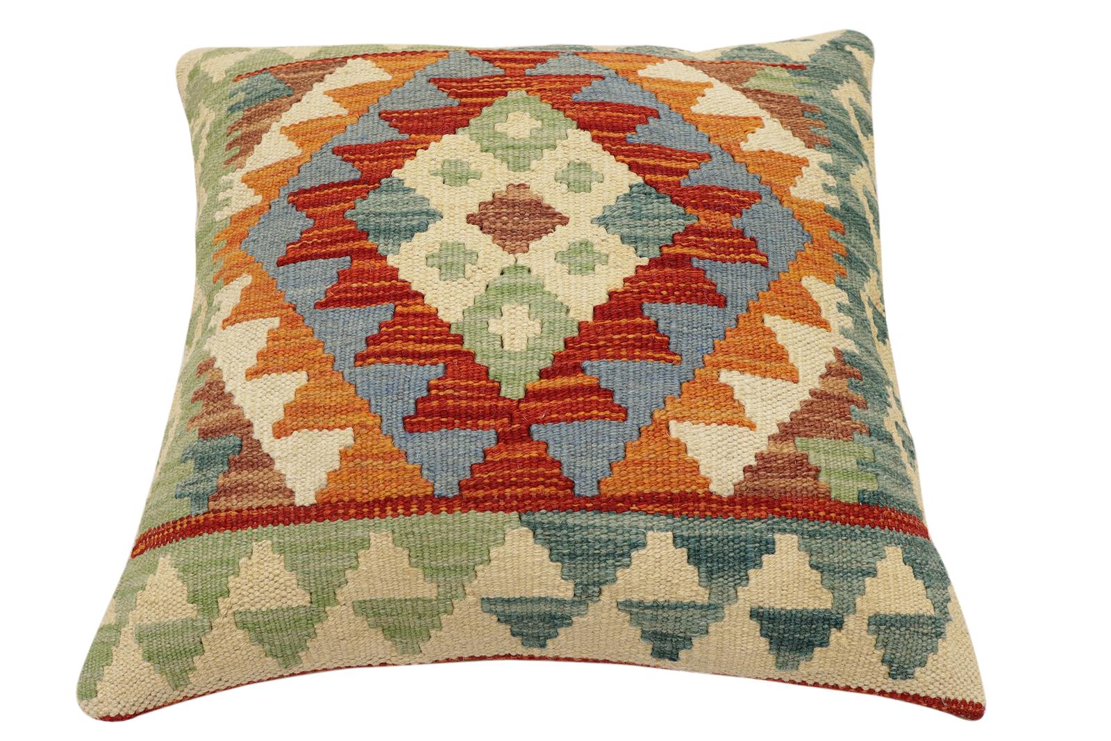 handmade Traditional Pillow Rust Blue Hand-Woven SQUARE 100% WOOL  Hand woven turkish pillow  2 x 2