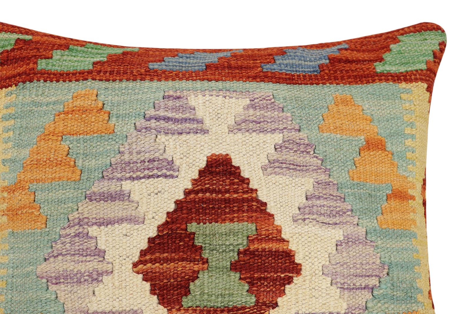 handmade Traditional Pillow Rust Blue Hand-Woven SQUARE 100% WOOL  Hand woven turkish pillow  2 x 2