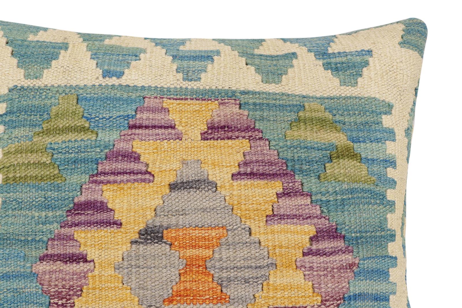 handmade Traditional Pillow Blue Beige Hand-Woven SQUARE 100% WOOL Hand woven turkish pillow2' x 2'