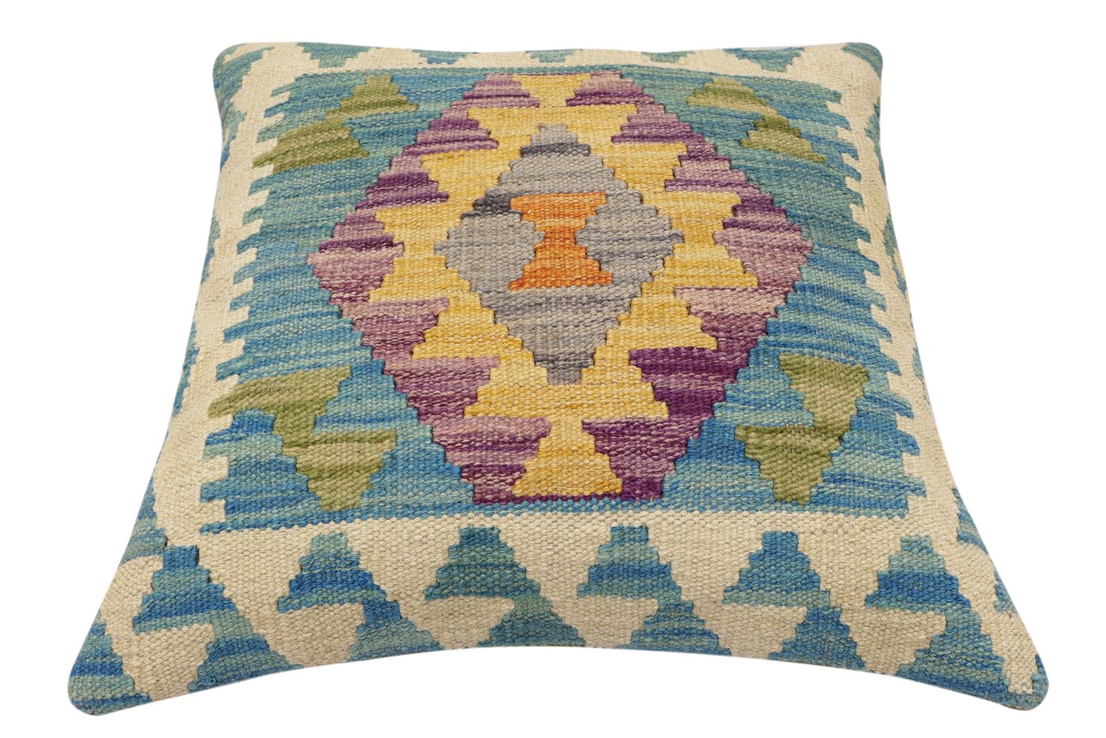 handmade Traditional Pillow Blue Beige Hand-Woven SQUARE 100% WOOL Hand woven turkish pillow2' x 2'
