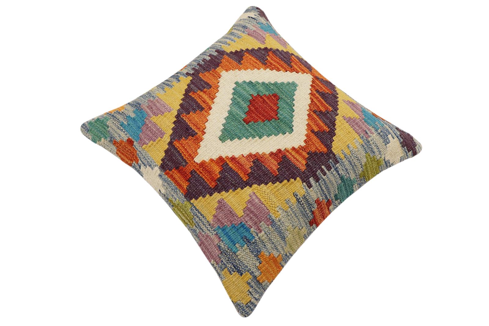 handmade Traditional Pillow Rust Blue Hand-Woven SQUARE 100% WOOL Hand woven turkish pillow2' x 2'
