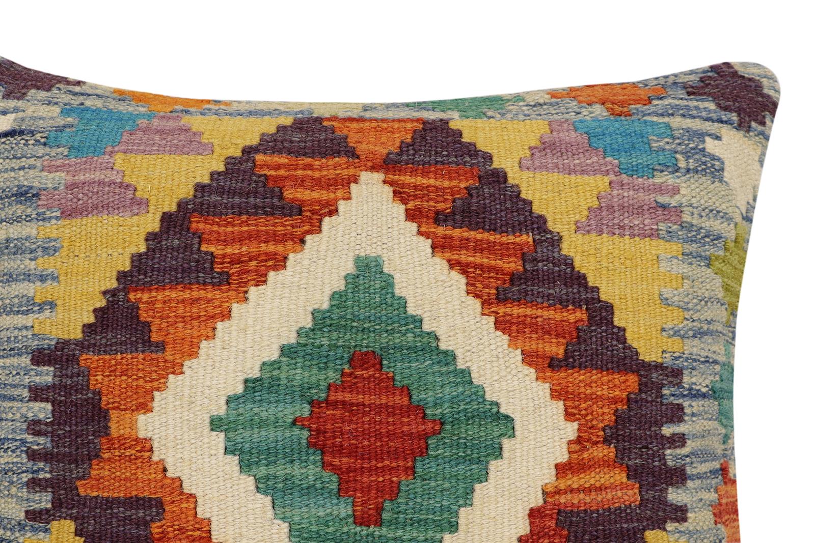 handmade Traditional Pillow Rust Blue Hand-Woven SQUARE 100% WOOL Hand woven turkish pillow2' x 2'