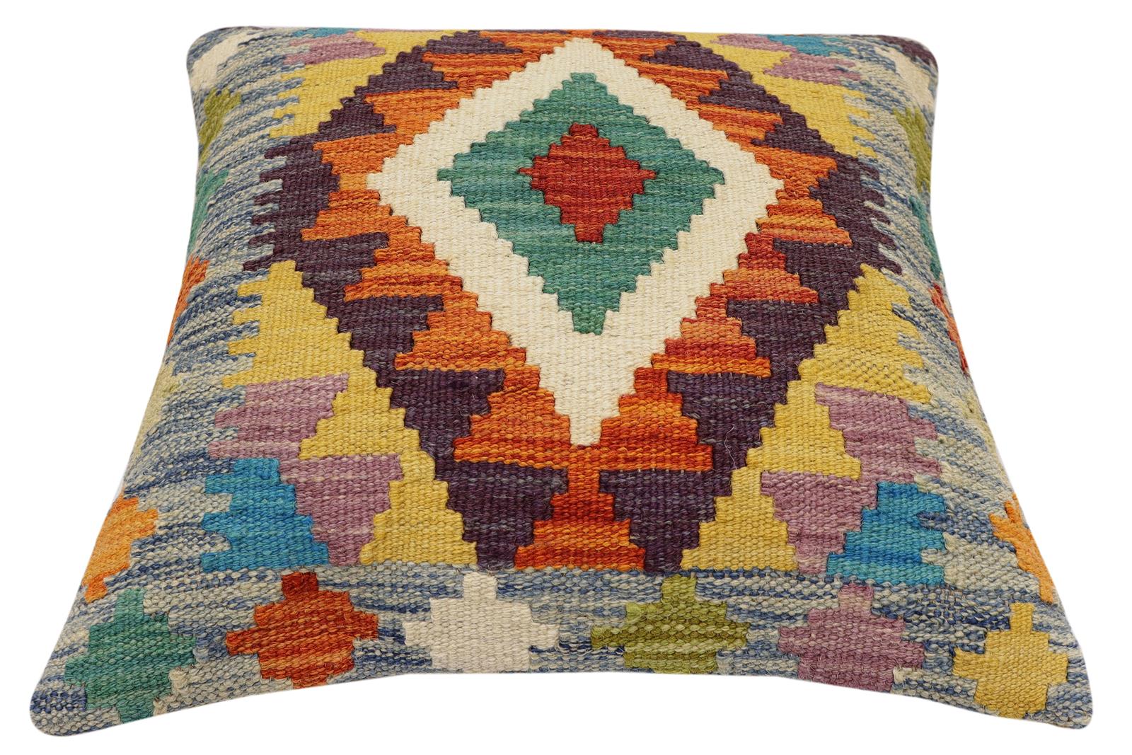 handmade Traditional Pillow Rust Blue Hand-Woven SQUARE 100% WOOL Hand woven turkish pillow2' x 2'