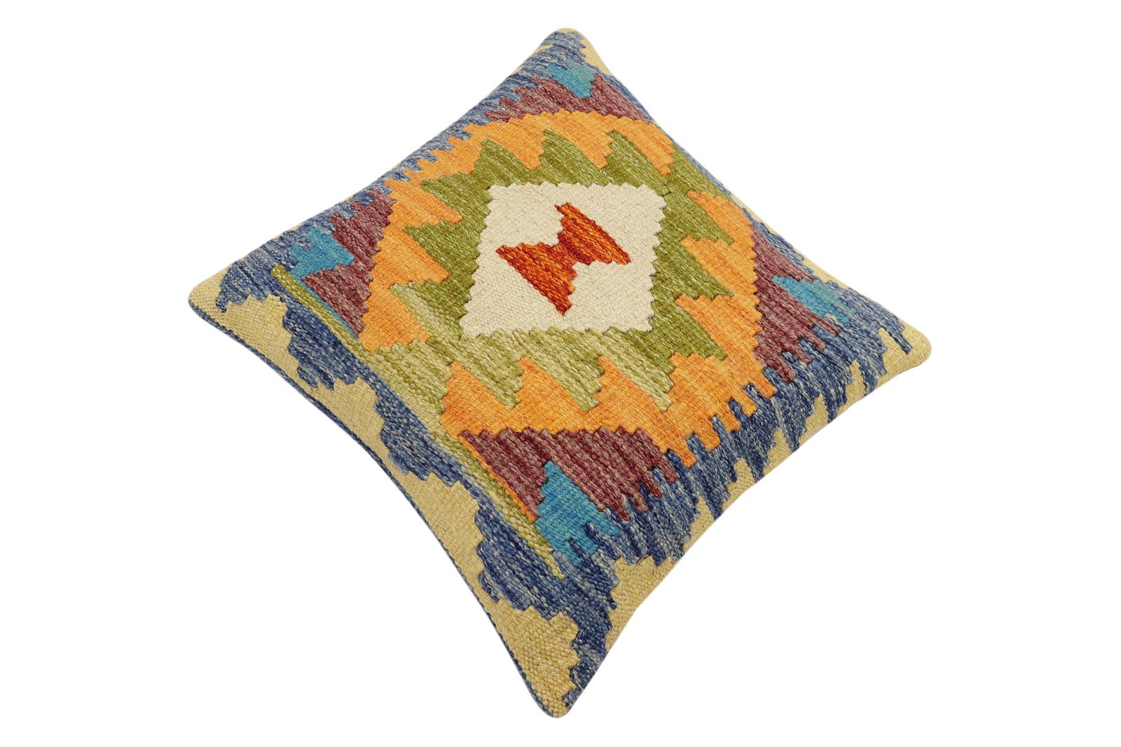 handmade Traditional Pillow Blue Maroon Hand-Woven SQUARE 100% WOOL  Hand woven turkish pillow  2 x 2