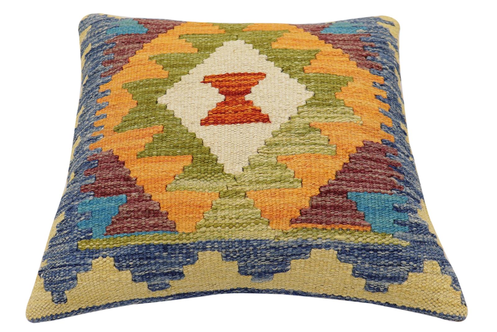 handmade Traditional Pillow Blue Maroon Hand-Woven SQUARE 100% WOOL  Hand woven turkish pillow  2 x 2
