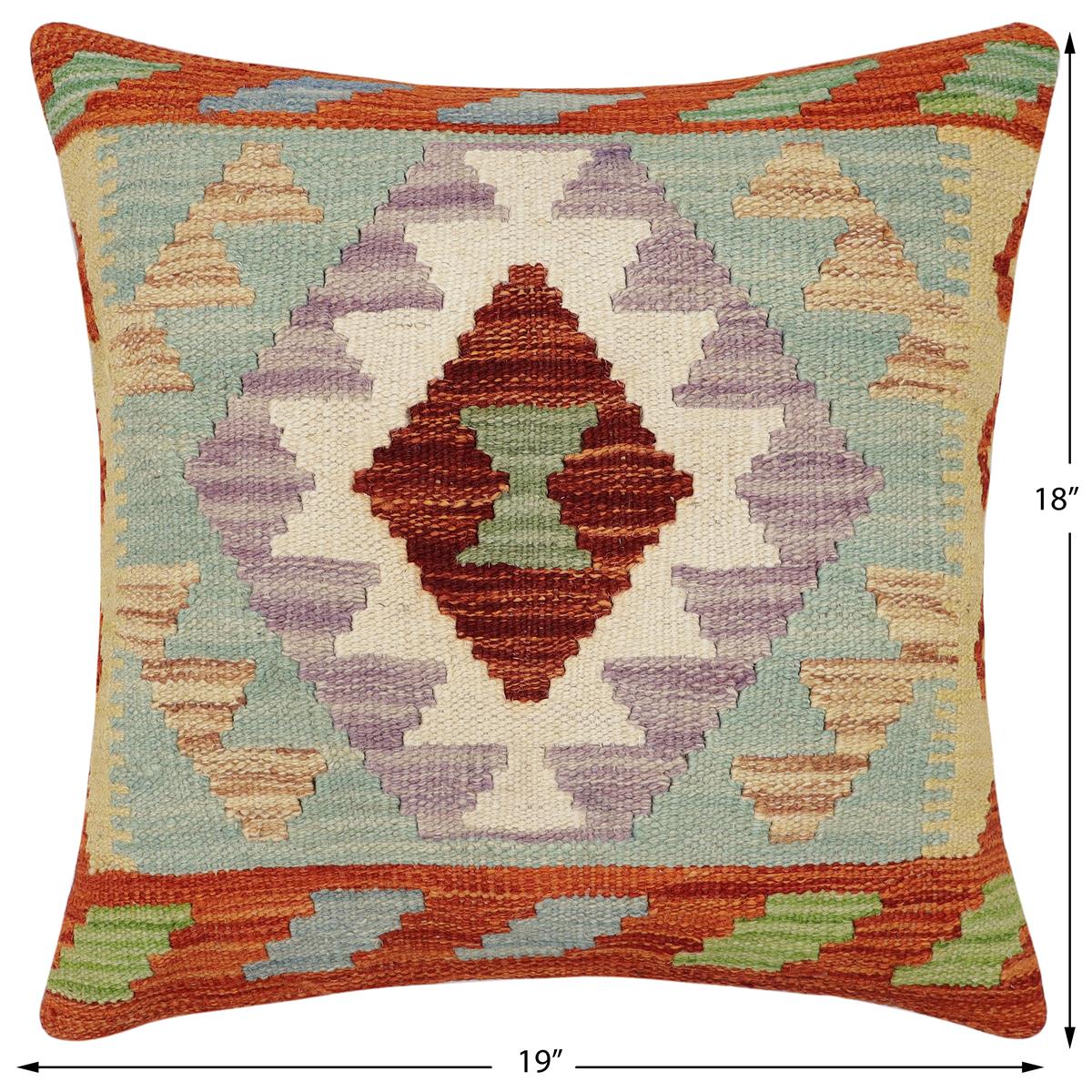 handmade Traditional Pillow Rust Blue Hand-Woven SQUARE 100% WOOL  Hand woven turkish pillow  2 x 2