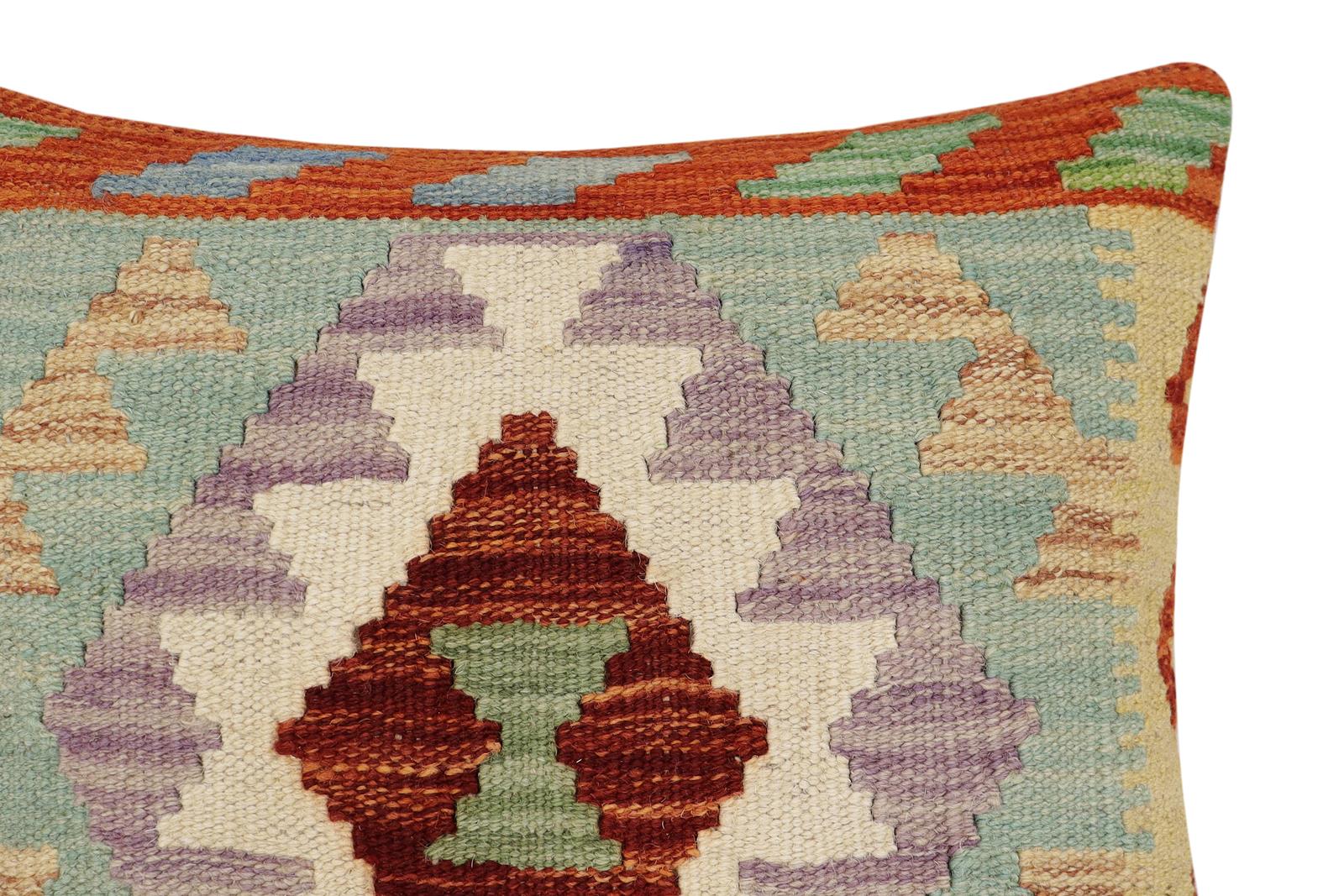 handmade Traditional Pillow Rust Blue Hand-Woven SQUARE 100% WOOL  Hand woven turkish pillow  2 x 2