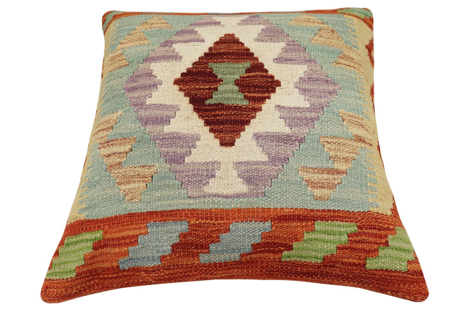 handmade Traditional Pillow Rust Blue Hand-Woven SQUARE 100% WOOL  Hand woven turkish pillow  2 x 2