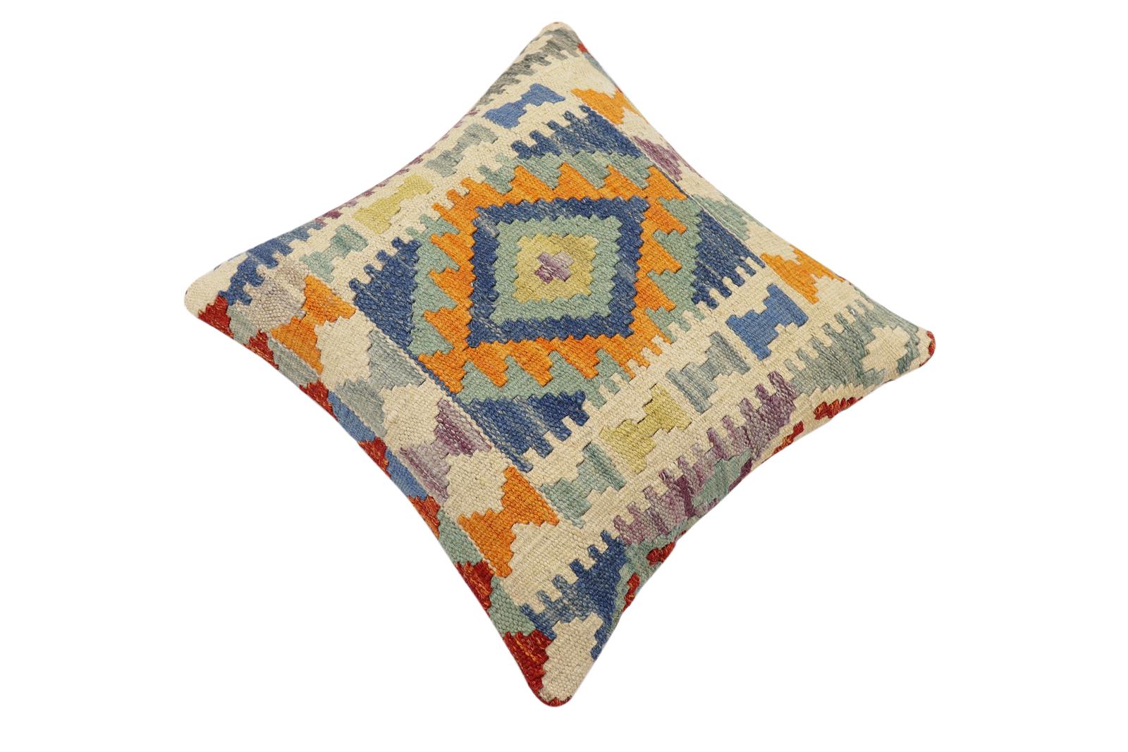 handmade Traditional Pillow Rust Blue Hand-Woven SQUARE 100% WOOL  Hand woven turkish pillow  2 x 2