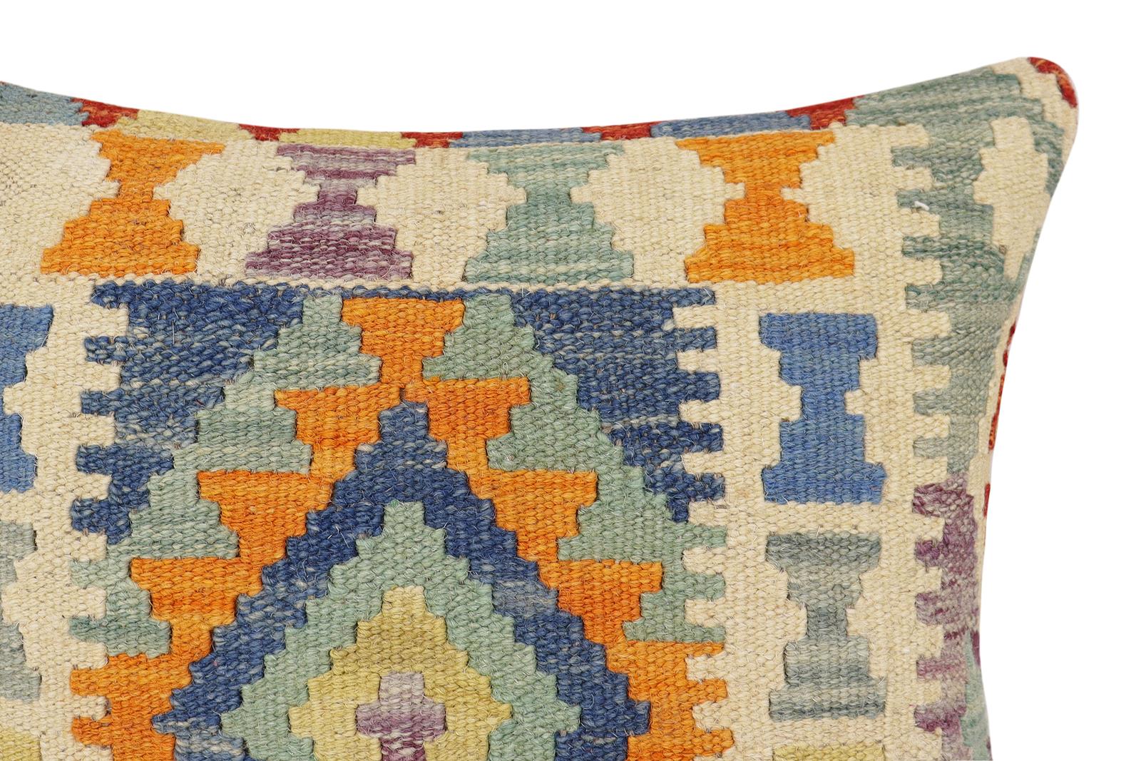handmade Traditional Pillow Rust Blue Hand-Woven SQUARE 100% WOOL  Hand woven turkish pillow  2 x 2