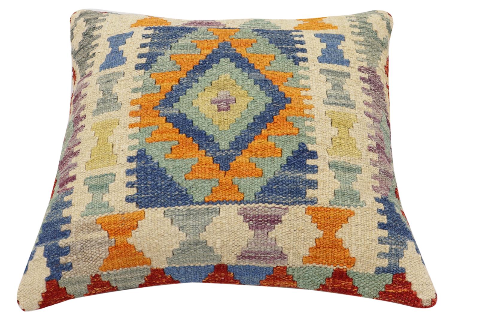 handmade Traditional Pillow Rust Blue Hand-Woven SQUARE 100% WOOL  Hand woven turkish pillow  2 x 2