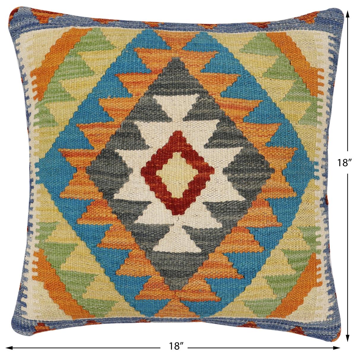 handmade Traditional Pillow Rust Blue Hand-Woven SQUARE 100% WOOL Hand woven turkish pillow2' x 2'