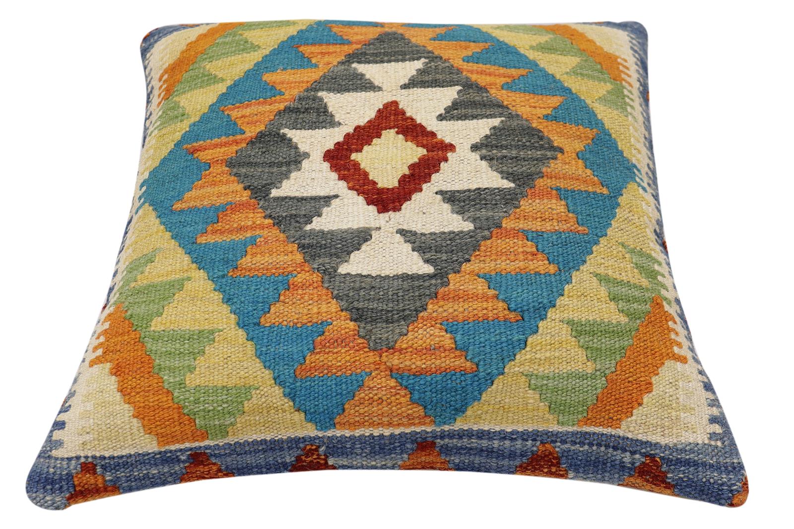 handmade Traditional Pillow Rust Blue Hand-Woven SQUARE 100% WOOL Hand woven turkish pillow2' x 2'