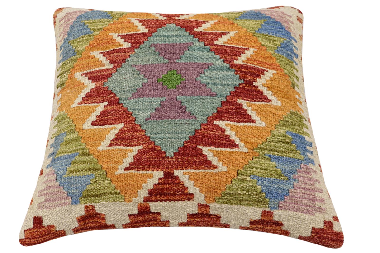 handmade Traditional Pillow Rust Blue Hand-Woven SQUARE 100% WOOL  Hand woven turkish pillow  2 x 2