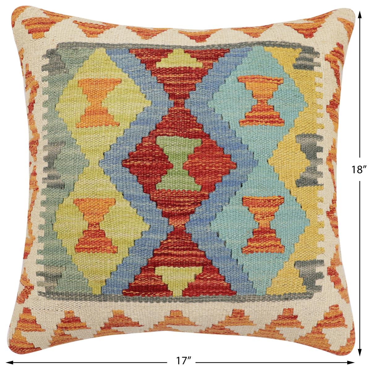handmade Traditional Pillow Rust Blue Hand-Woven SQUARE 100% WOOL  Hand woven turkish pillow  2 x 2