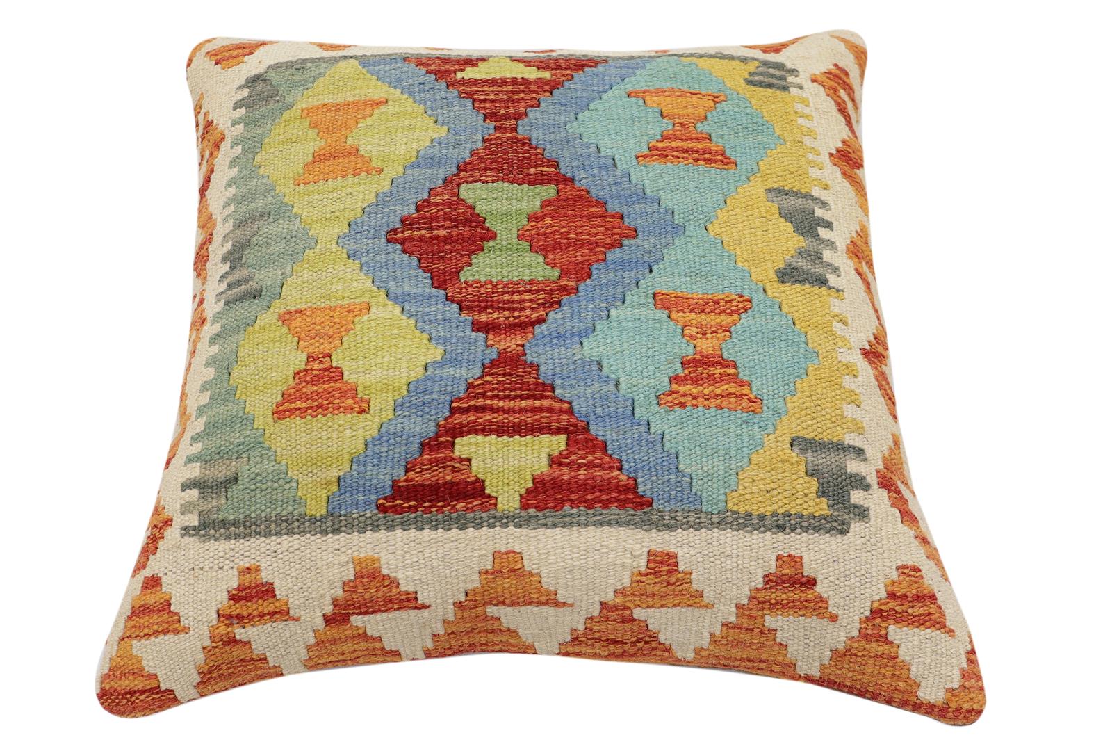 handmade Traditional Pillow Rust Blue Hand-Woven SQUARE 100% WOOL  Hand woven turkish pillow  2 x 2