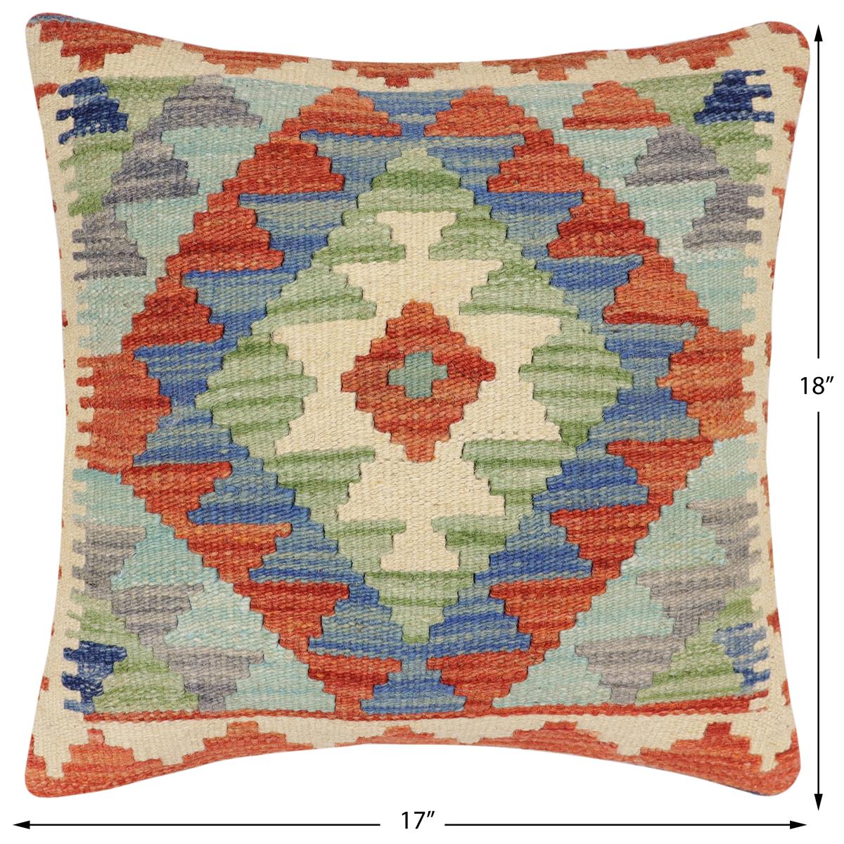 handmade Traditional Pillow Rust Blue Hand-Woven SQUARE 100% WOOL  Hand woven turkish pillow  2 x 2