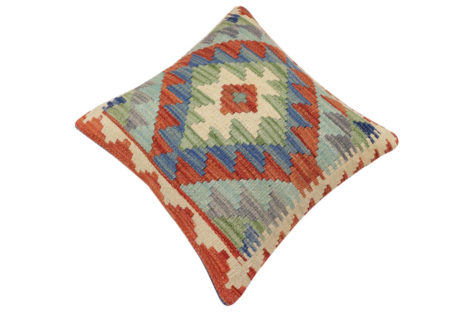 handmade Traditional Pillow Rust Blue Hand-Woven SQUARE 100% WOOL  Hand woven turkish pillow  2 x 2
