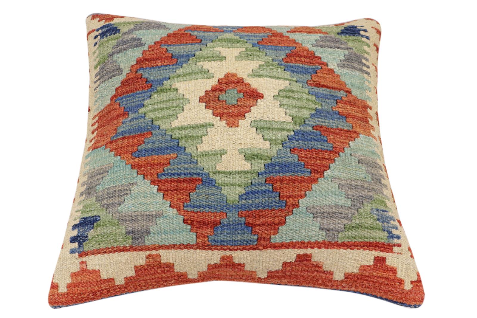 handmade Traditional Pillow Rust Blue Hand-Woven SQUARE 100% WOOL  Hand woven turkish pillow  2 x 2