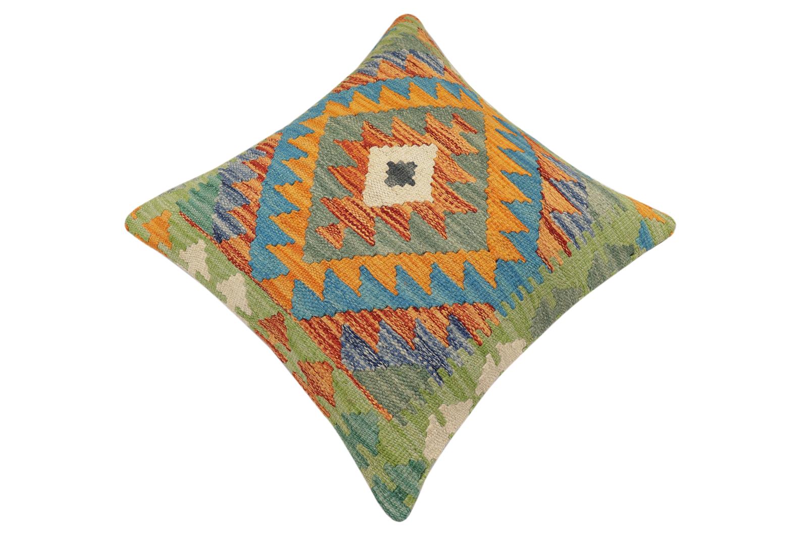 handmade Traditional Pillow Rust Blue Hand-Woven SQUARE 100% WOOL Hand woven turkish pillow2' x 2'