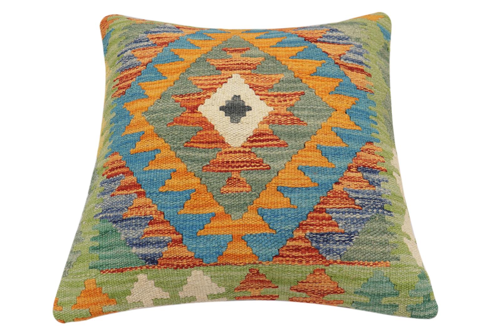 handmade Traditional Pillow Rust Blue Hand-Woven SQUARE 100% WOOL Hand woven turkish pillow2' x 2'