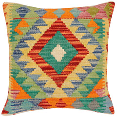 handmade Traditional Pillow Rust Blue Hand-Woven SQUARE 100% WOOL  Hand woven turkish pillow  2 x 2