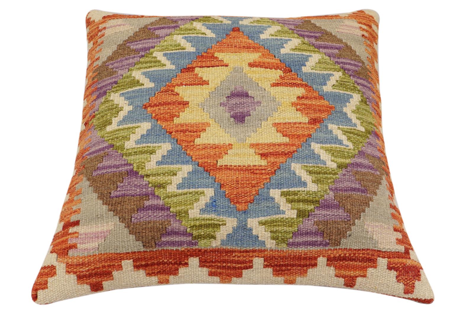 handmade Traditional Pillow Rust Blue Hand-Woven SQUARE 100% WOOL  Hand woven turkish pillow  2 x 2