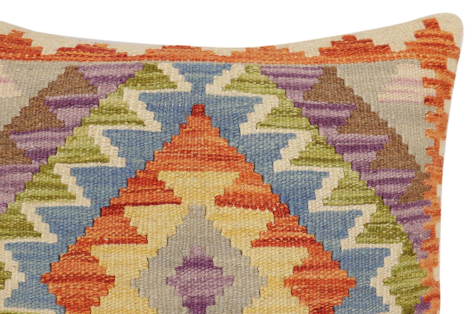 handmade Traditional Pillow Rust Blue Hand-Woven SQUARE 100% WOOL  Hand woven turkish pillow  2 x 2