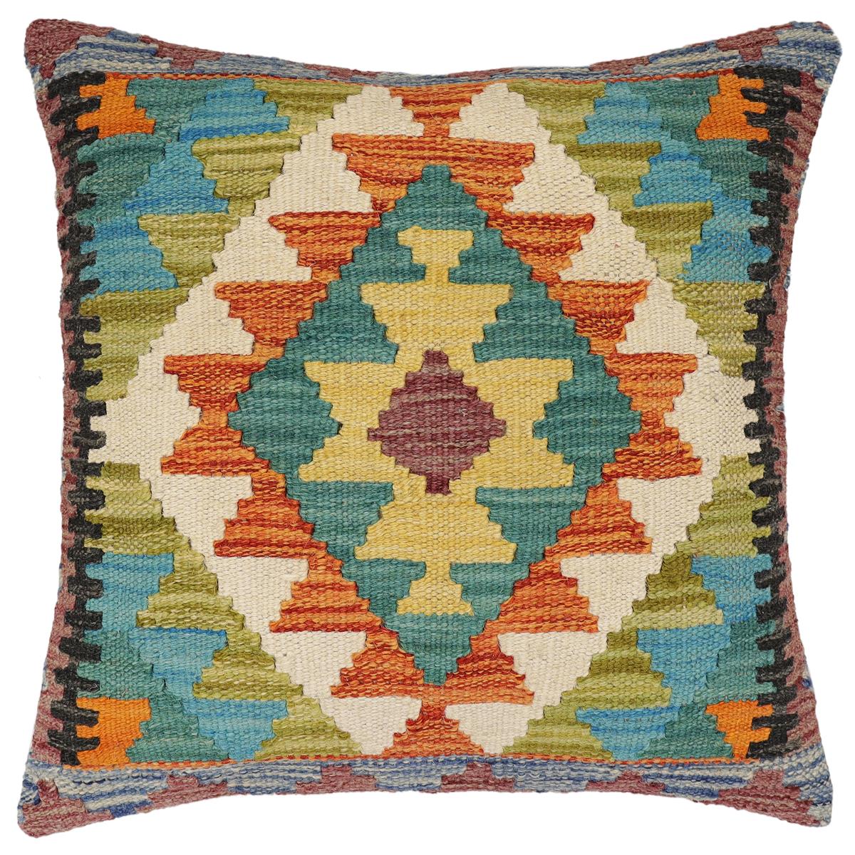 handmade Traditional Pillow Rust Blue Hand-Woven SQUARE 100% WOOL Hand woven turkish pillow2' x 2'