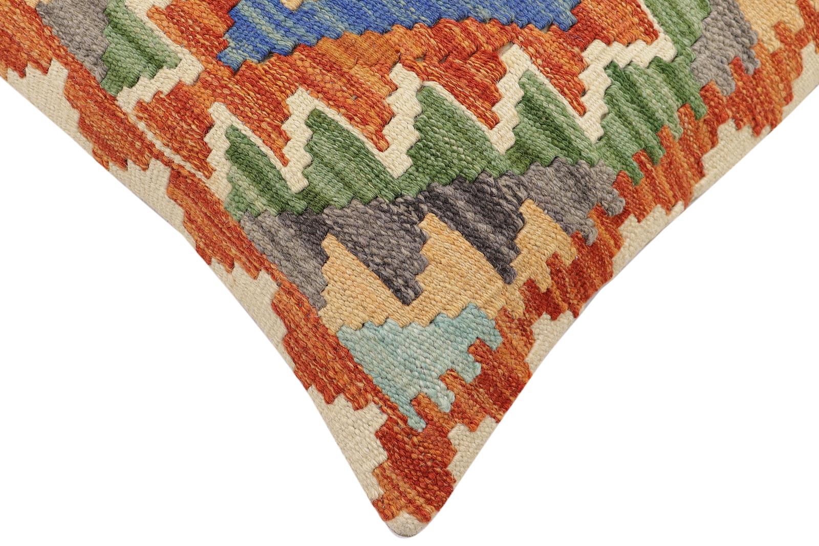 handmade Traditional Pillow Rust Blue Hand-Woven SQUARE 100% WOOL  Hand woven turkish pillow  2 x 2