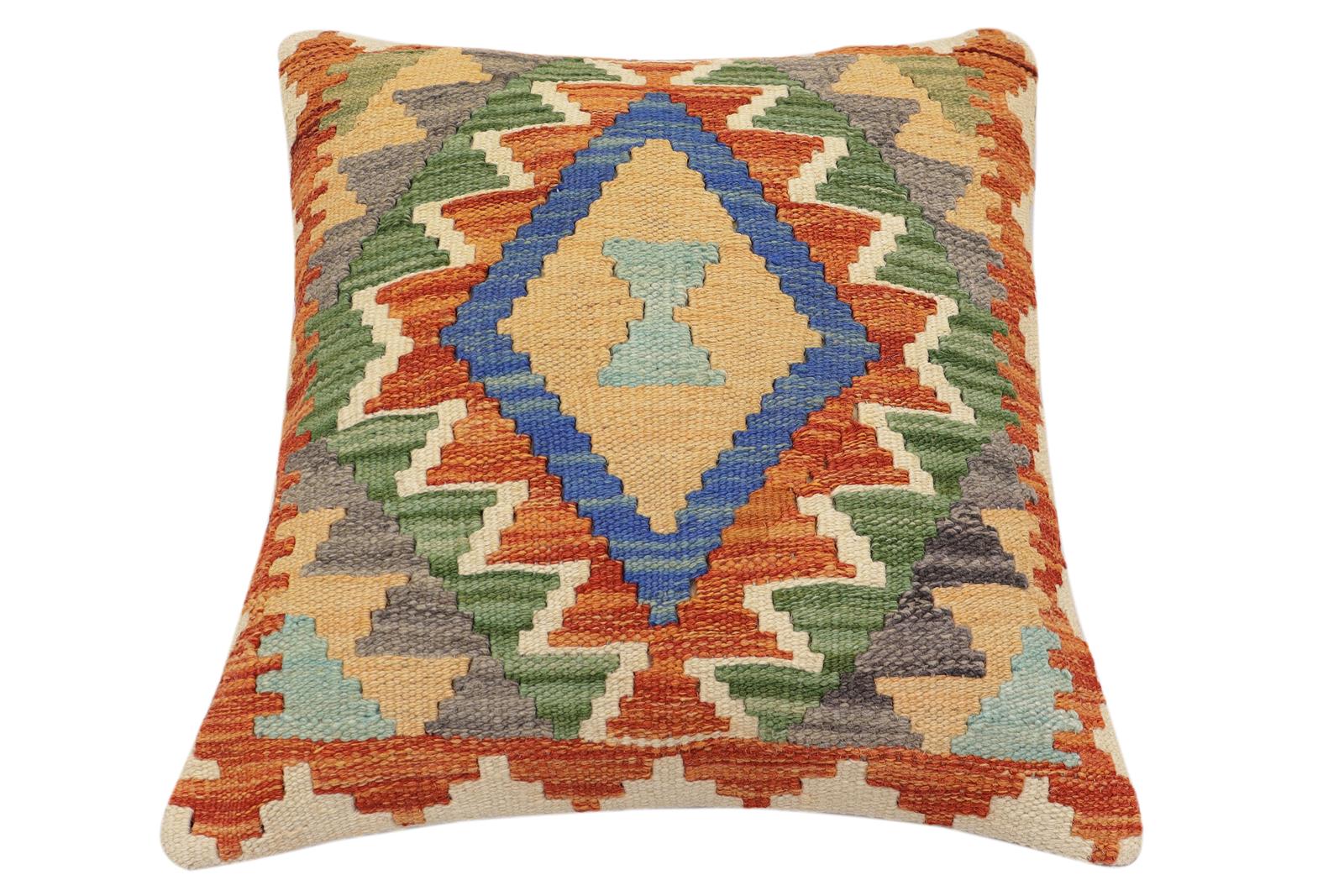 handmade Traditional Pillow Rust Blue Hand-Woven SQUARE 100% WOOL  Hand woven turkish pillow  2 x 2