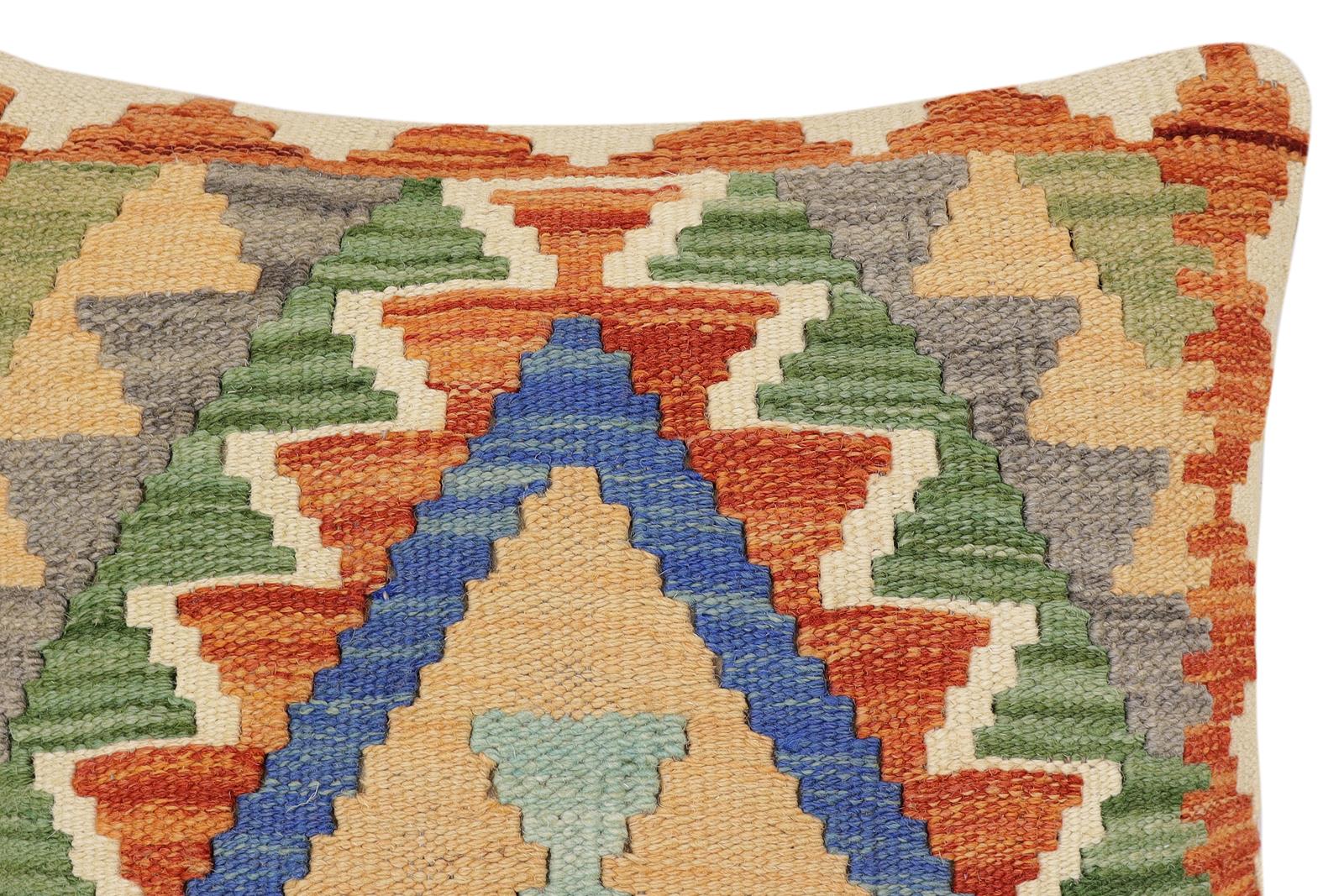 handmade Traditional Pillow Rust Blue Hand-Woven SQUARE 100% WOOL  Hand woven turkish pillow  2 x 2