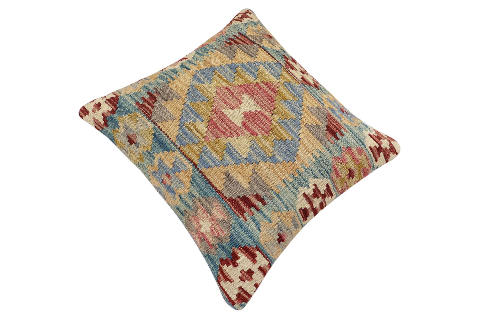 handmade Traditional Pillow Blue Red Hand-Woven SQUARE 100% WOOL  Hand woven turkish pillow  2 x 2
