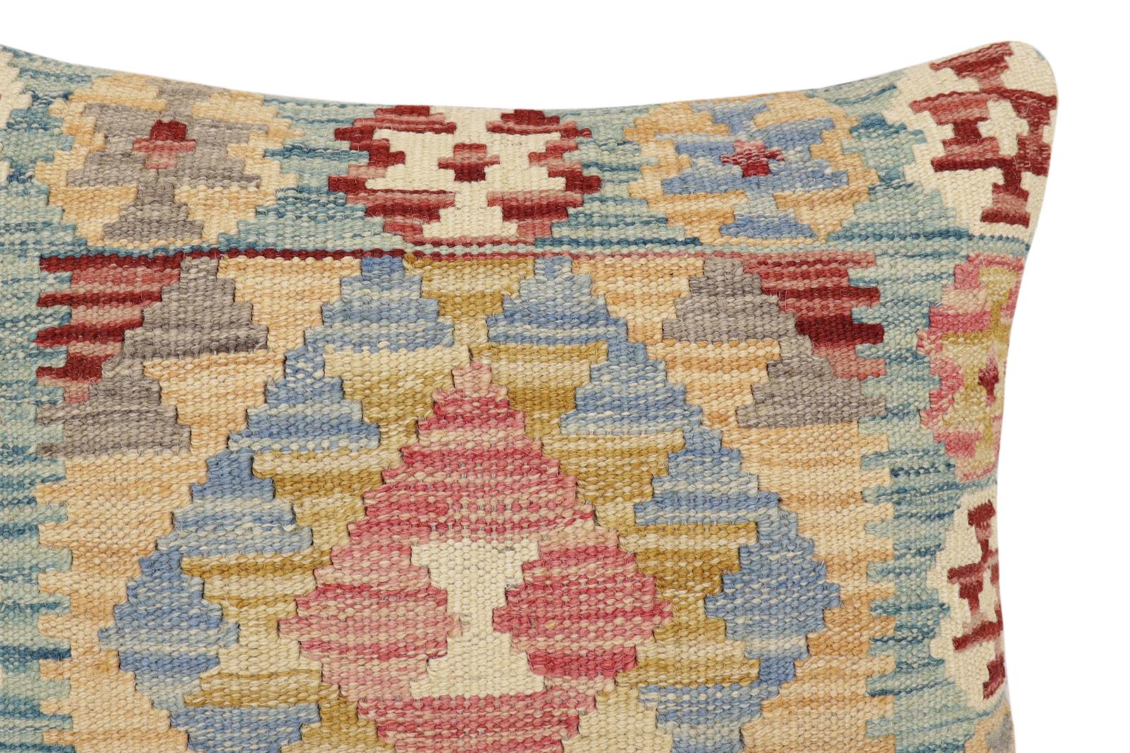 handmade Traditional Pillow Blue Red Hand-Woven SQUARE 100% WOOL  Hand woven turkish pillow  2 x 2
