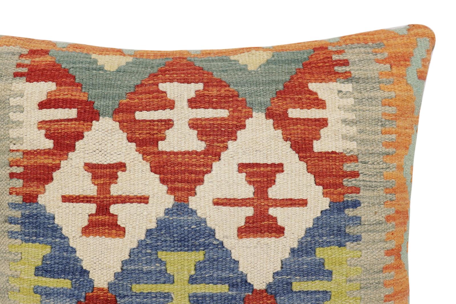 handmade Traditional Pillow Rust Blue Hand-Woven SQUARE 100% WOOL  Hand woven turkish pillow  2 x 2