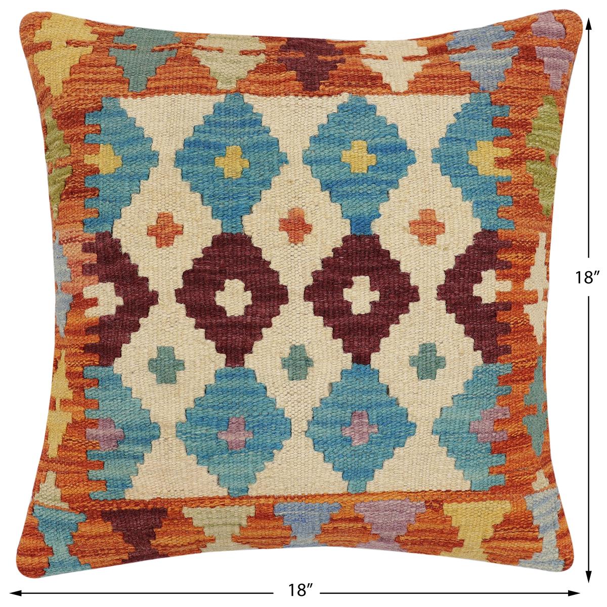 handmade Traditional Pillow Rust Blue Hand-Woven SQUARE 100% WOOL Hand woven turkish pillow2' x 2'