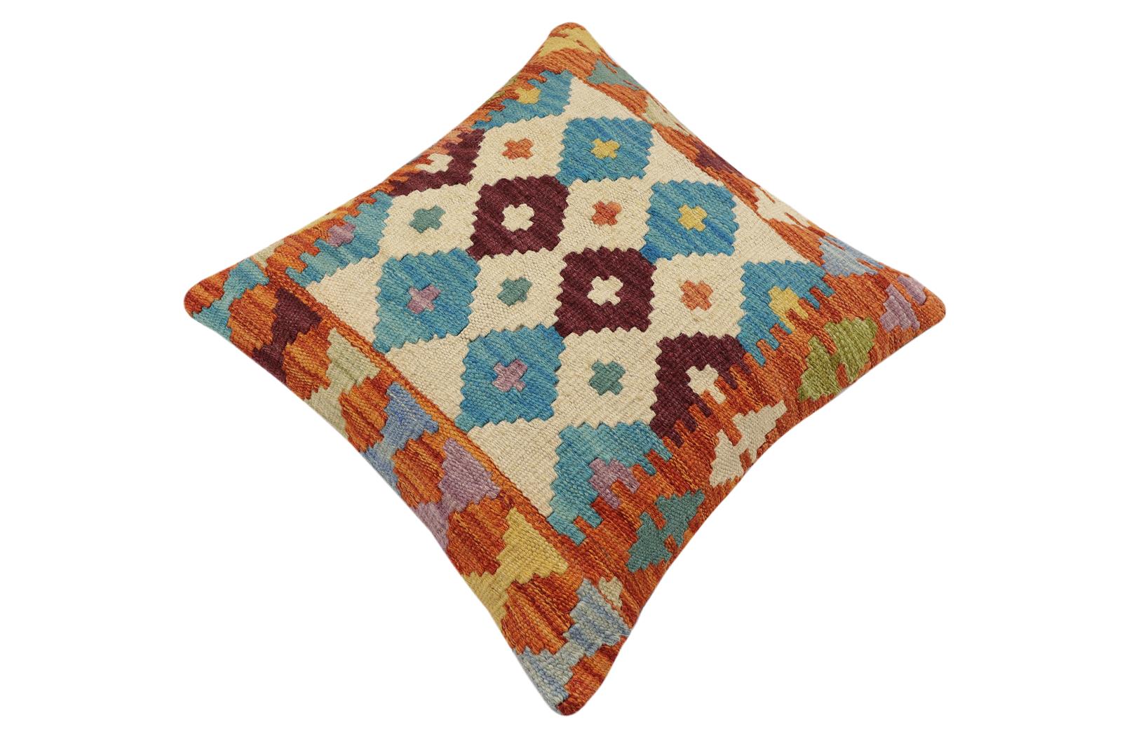 handmade Traditional Pillow Rust Blue Hand-Woven SQUARE 100% WOOL Hand woven turkish pillow2' x 2'