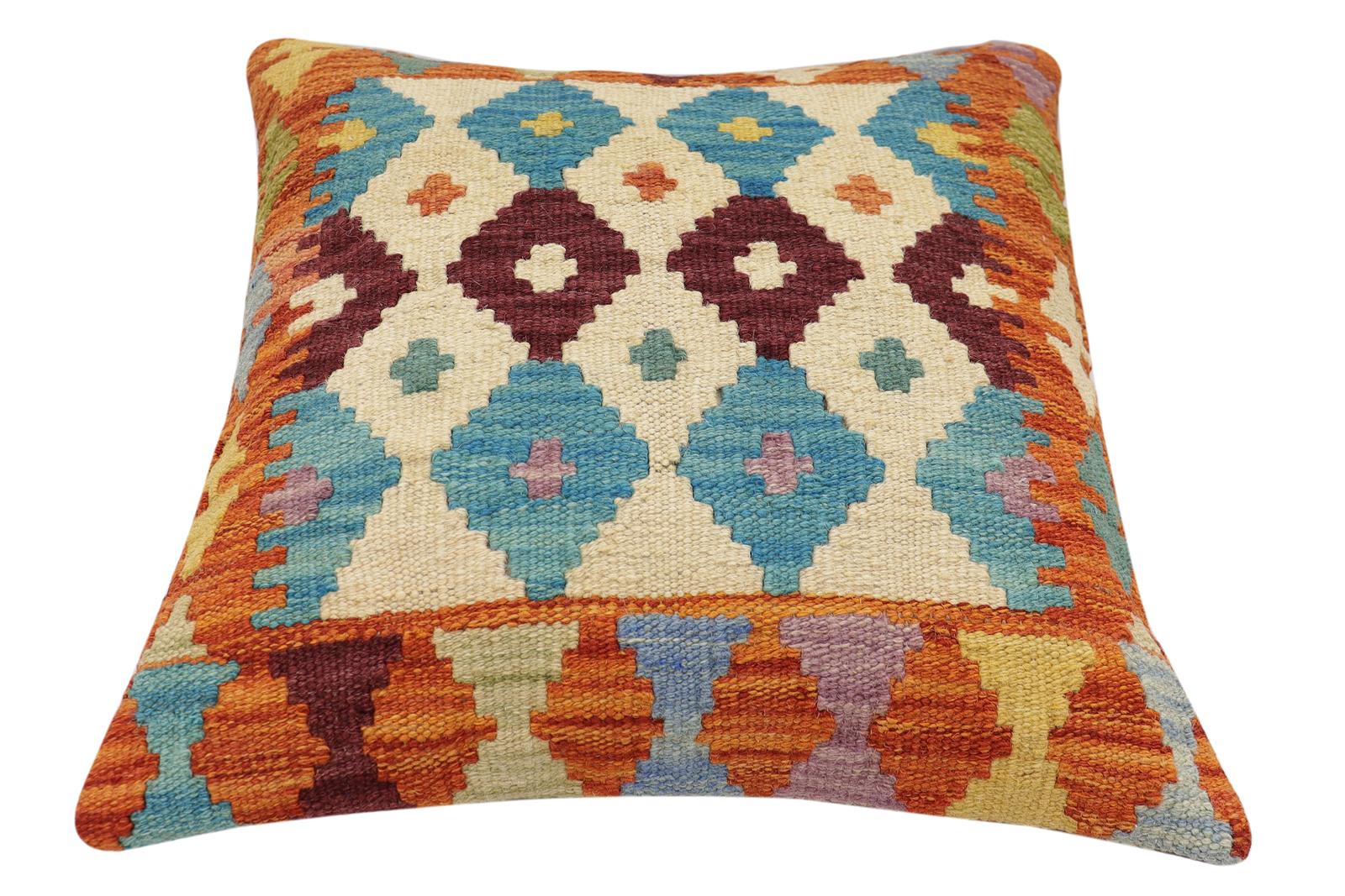 handmade Traditional Pillow Rust Blue Hand-Woven SQUARE 100% WOOL Hand woven turkish pillow2' x 2'