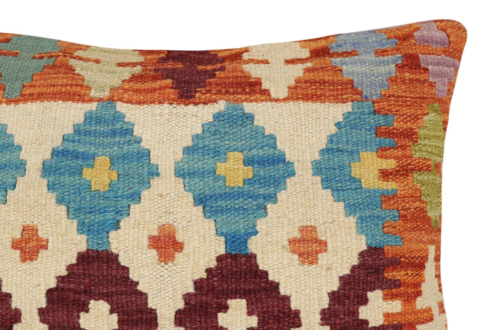 handmade Traditional Pillow Rust Blue Hand-Woven SQUARE 100% WOOL Hand woven turkish pillow2' x 2'