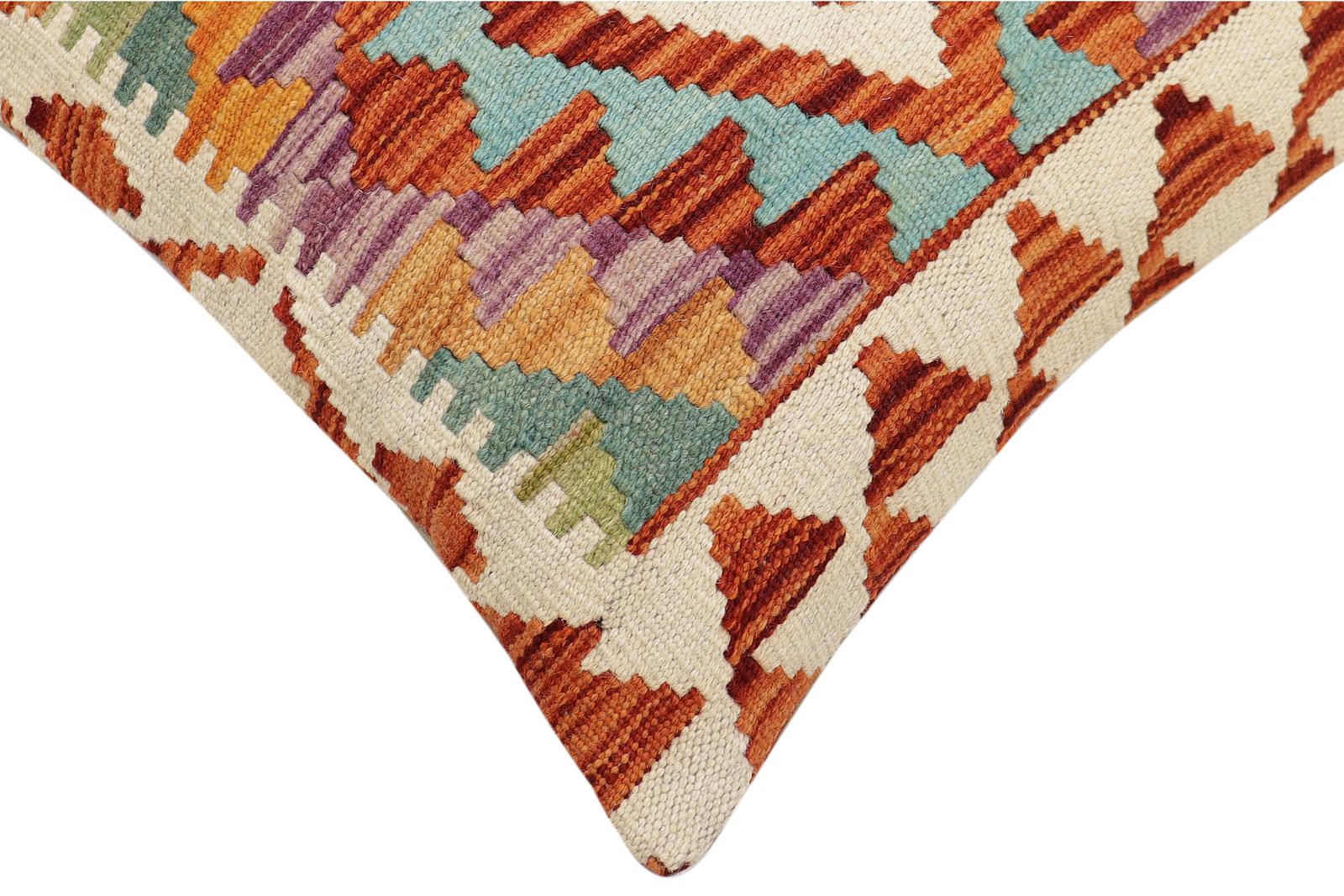 handmade Traditional Pillow Rust Blue Hand-Woven SQUARE 100% WOOL  Hand woven turkish pillow  2 x 2