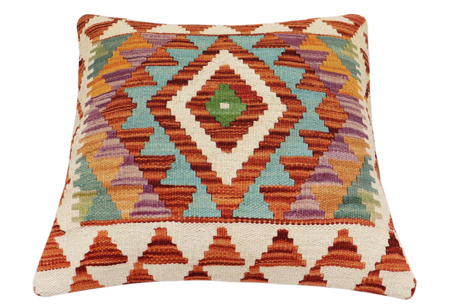 handmade Traditional Pillow Rust Blue Hand-Woven SQUARE 100% WOOL  Hand woven turkish pillow  2 x 2