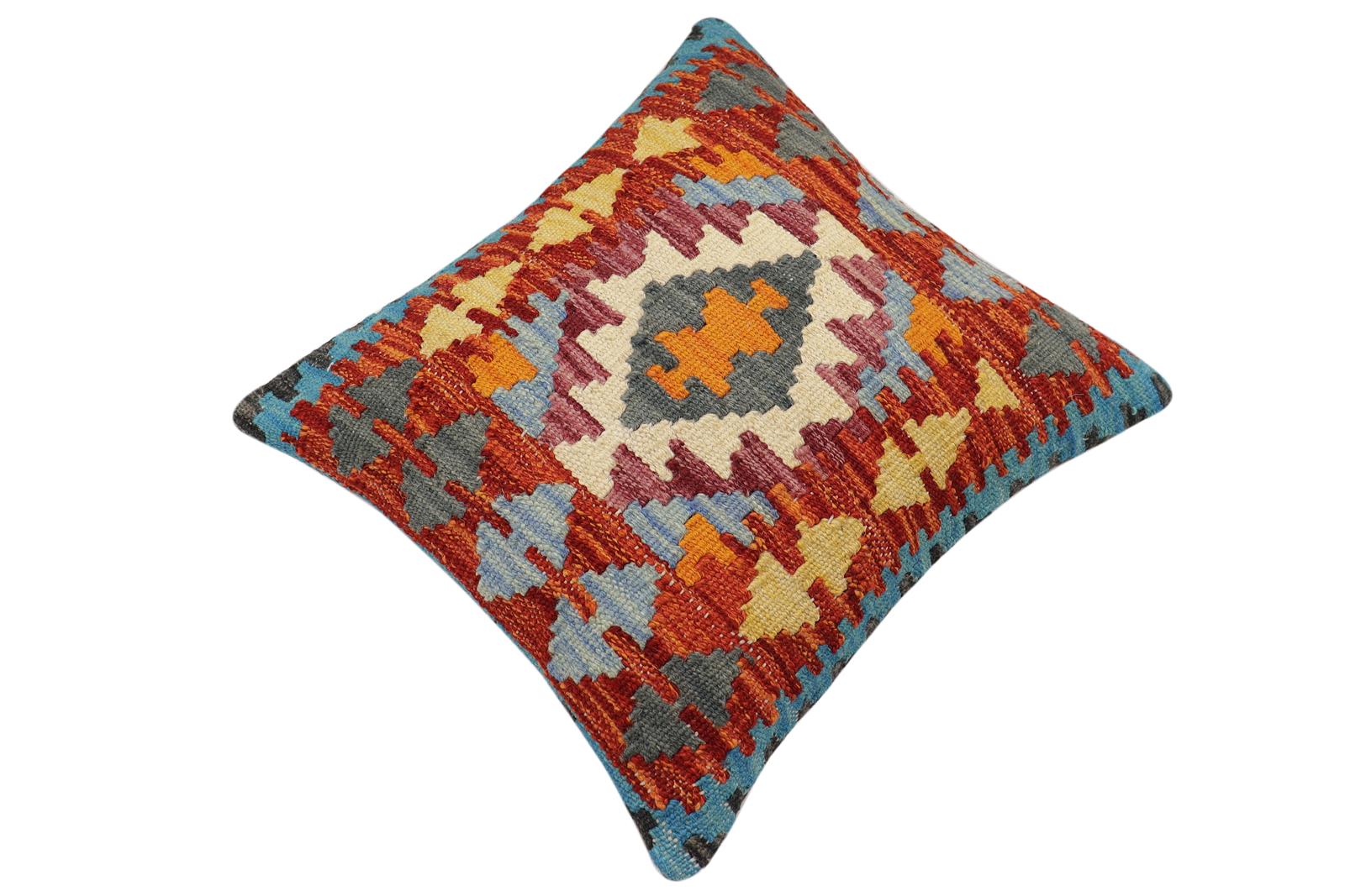 handmade Traditional Pillow Rust Blue Hand-Woven SQUARE 100% WOOL  Hand woven turkish pillow  2 x 2