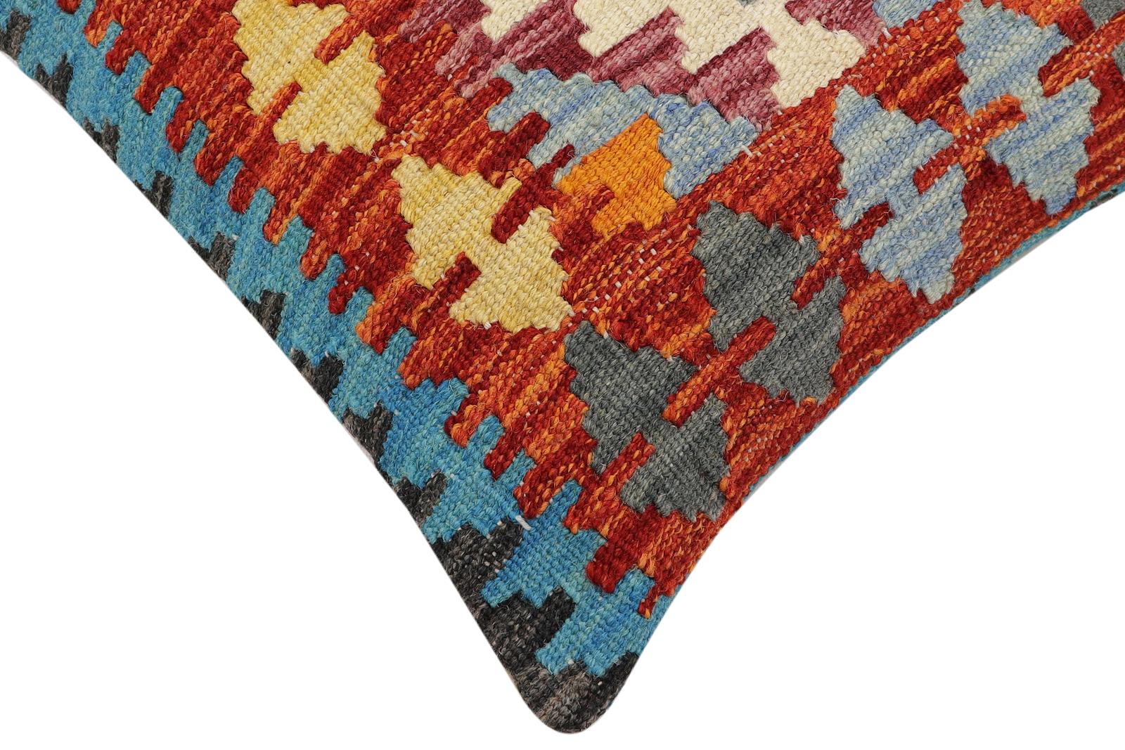 handmade Traditional Pillow Rust Blue Hand-Woven SQUARE 100% WOOL  Hand woven turkish pillow  2 x 2