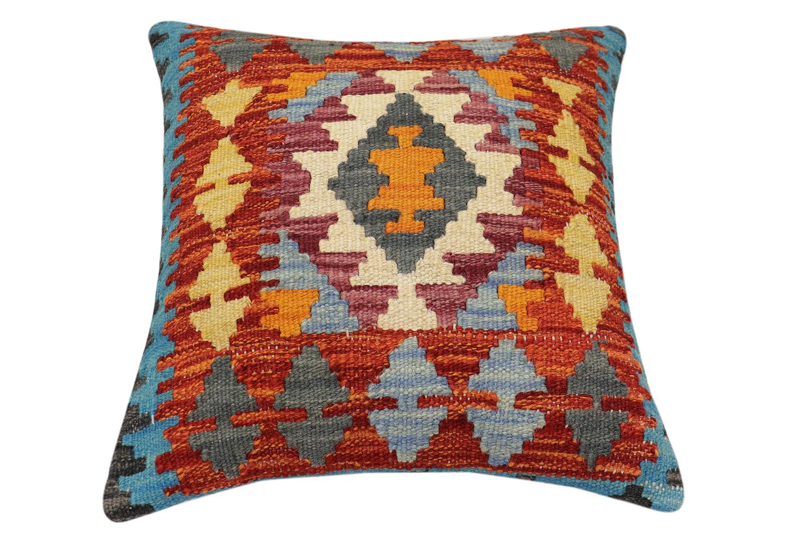 handmade Traditional Pillow Rust Blue Hand-Woven SQUARE 100% WOOL  Hand woven turkish pillow  2 x 2